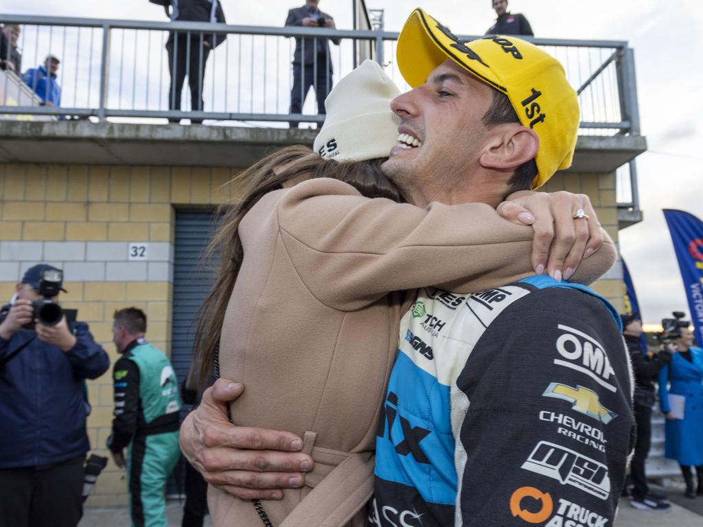 Nick Percat celebrates after winning race one of the Tasmania SuperSprint.