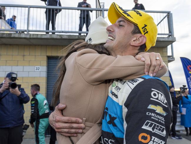 Nick Percat celebrates after winning race one of the Tasmania SuperSprint.