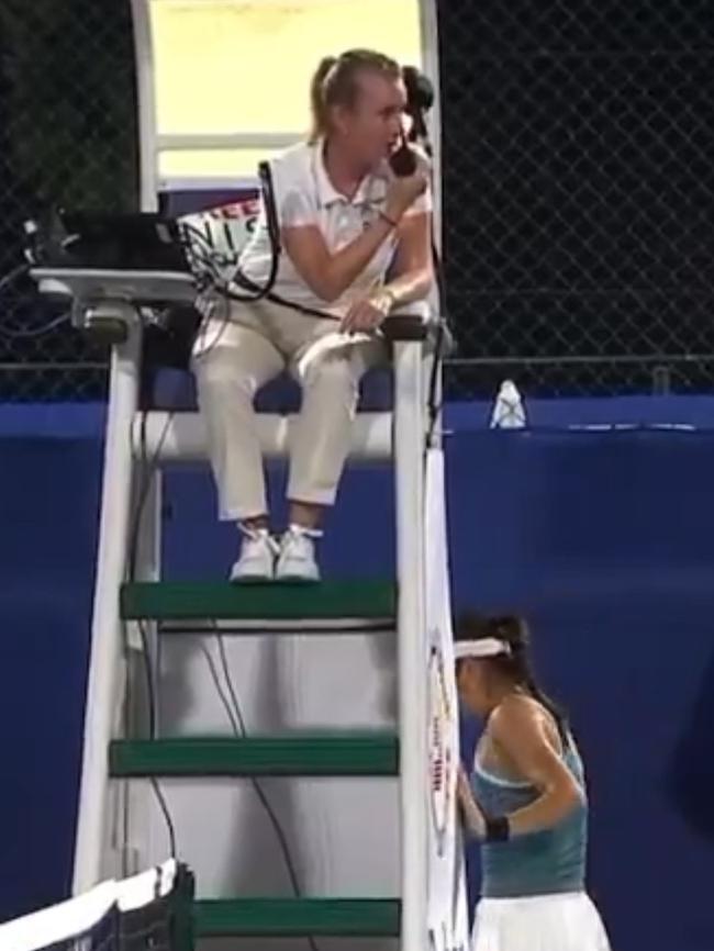 She went to hide behind the umpire's chair.