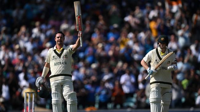 Travis Head celebrates his classic counterattacking century – a Head trademark. (Photo by Justin Setterfield/Getty Images)