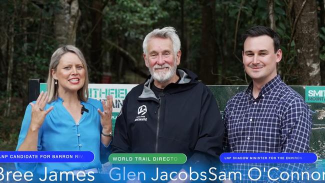 LNP's Barron River candidate Bree James with World Trails director Glen Jacobs and LNP environment spokesman Sam O'Connor announce a $14m pledge to extend the Smithfield Mountain Bike Trail. Picture: Facebook, Bree James