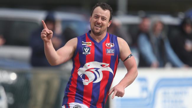 Bell Post Hill’s Nick Costello celebrates a goal against Inverleigh in the Grand Final. Picture: Glenn Ferguson