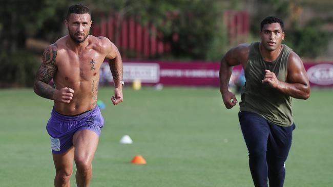 Quade Cooper and Tevita Pangai Jnr training together earlier this year. Picture: Annette Dew