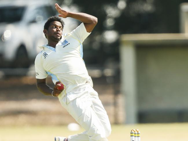 Baxter fast bowler Chamika Sattambi goes at Langwarrin in the MPCA Provincial semi-final on Saturday. He took a record 8-47, including a hat-trick. Picture: Valeriu Campan