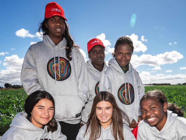 Six Indigenous girls - three from Tiwi and three from local Indigenous community (northwest corridor) - will be visiting a farm for the first time, in Werribee, as part of Coles and the Essendon FC's First Nations Pathway Program. The girls will tour Fresh Select Farm with John Said the Farmer and then cook some of the produce for lunch with Chef and Coles Ambassador, Michael Weldon. (L-R front)Jada Ross, Remi Jean Watters and Winnie Puruntatameri  (L-R Back) Lara Churchill, Rosie Wilson, Taniesha John-Forest