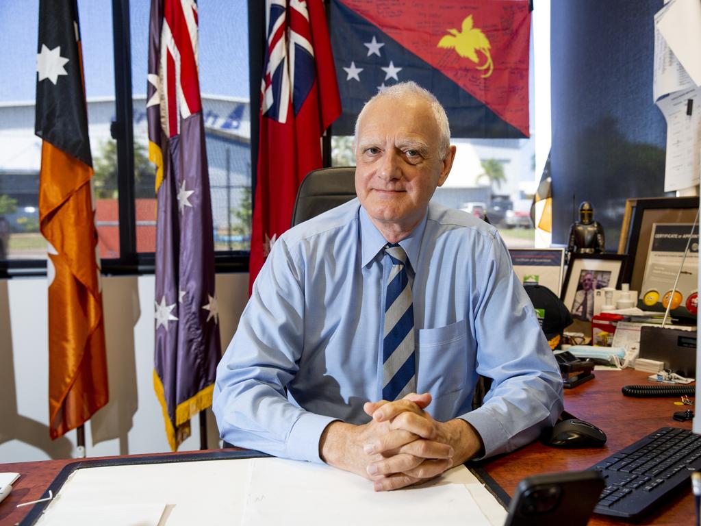 Dr Len Notaras sitting in his office at the NCCTRC headquarters nearby the Darwin Airport. Picture: Floss Adams.