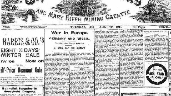 READ ALL ABOUT IT: The front page of The Gympie Times on Tuesday, August 4, 1914, reporting on the declaration of war in Europe. Picture: Contributed