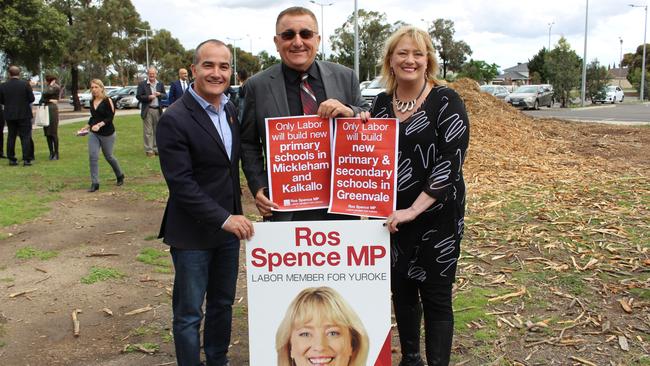 Education Minister James Merlino, Labor upper house candidate Burhan Yigit and Yuroke state Labor MP Ros Spence.