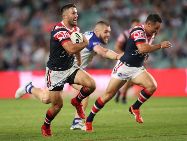 James Tedesco makes a break to set up Cooper Cronk’s try. Picture: Brett Costello