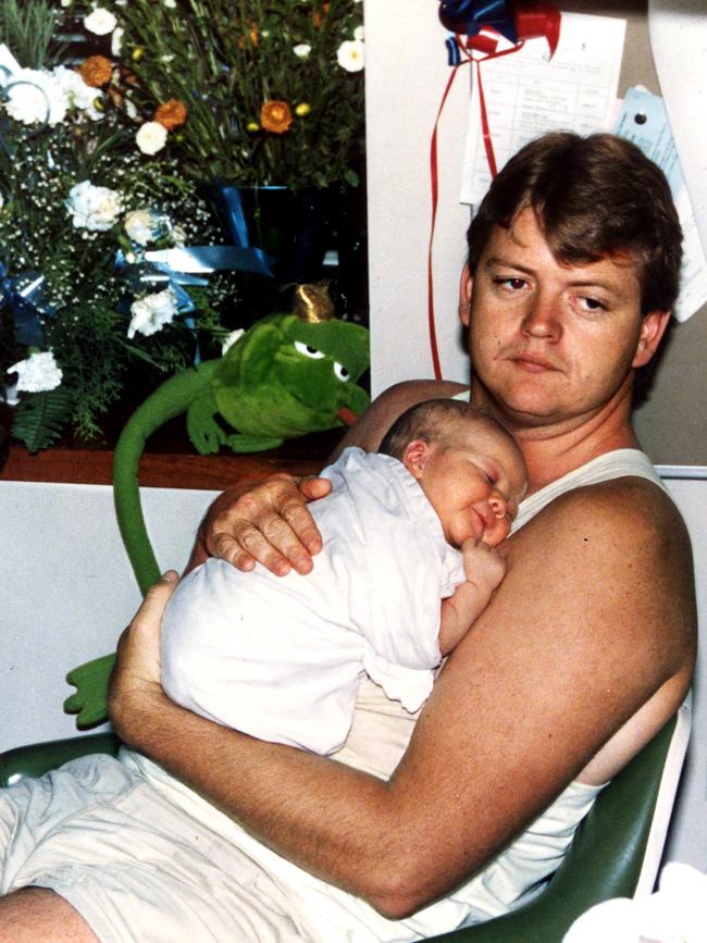 Adelaide NCA headquarters bombing victim Detective Sergeant Geoffrey Bowen and his infant baby son, Simon.