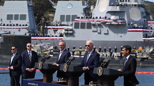 US President Joe Biden speaks alongside Prime Minister Rishi Sunak and Prime Minister Anthony Albanese at a press conference during the AUKUS summit on March 13, 2023.