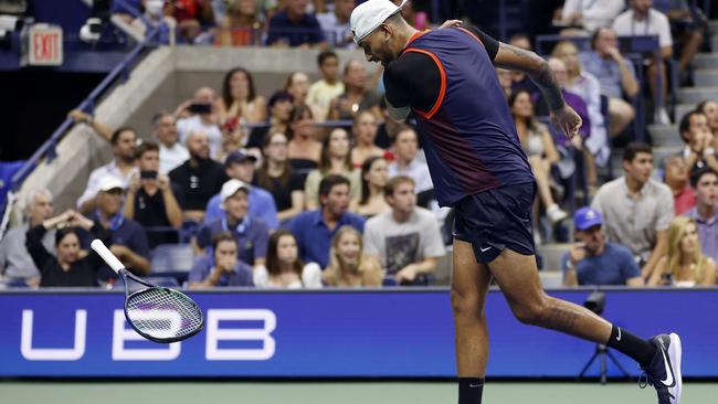 Nick Kyrgios slams his racquet during his fourth round victory Picture: Getty Images