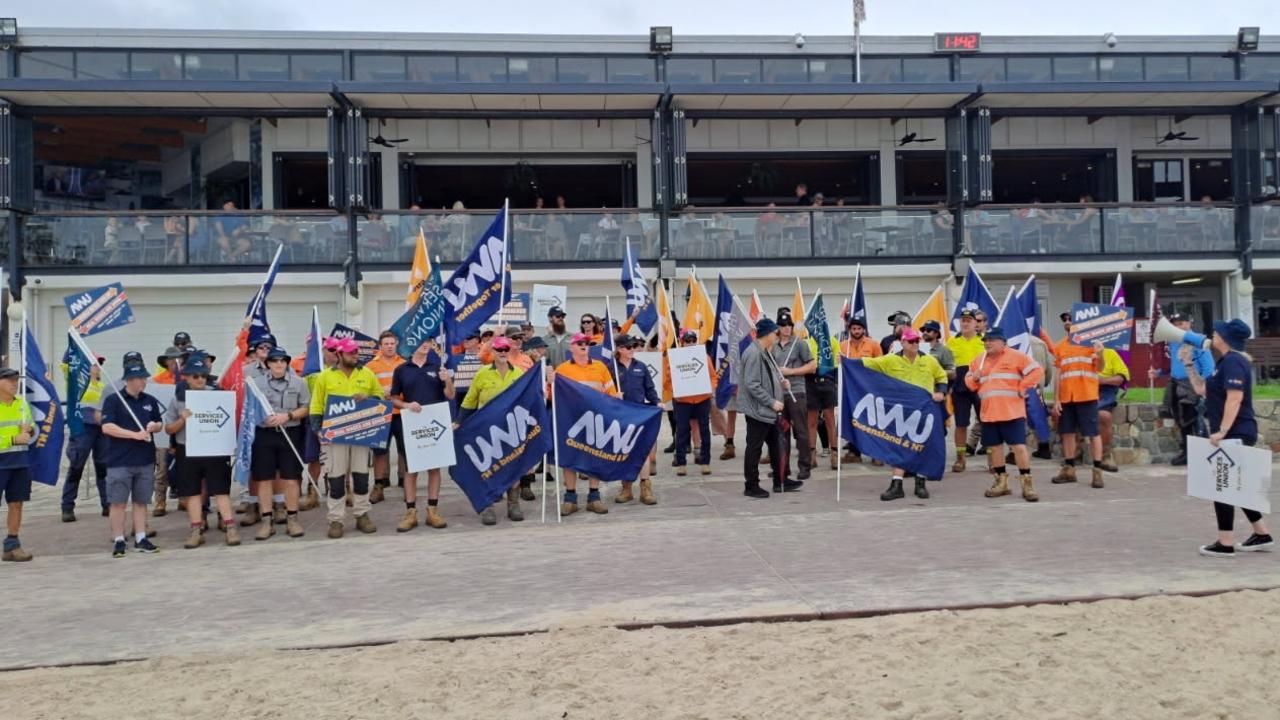 Australian Workers' Union members marched through Hastings St today, April 3, as part of ongoing industrial action after wage negotiations soured between the Noosa Council and its workers.