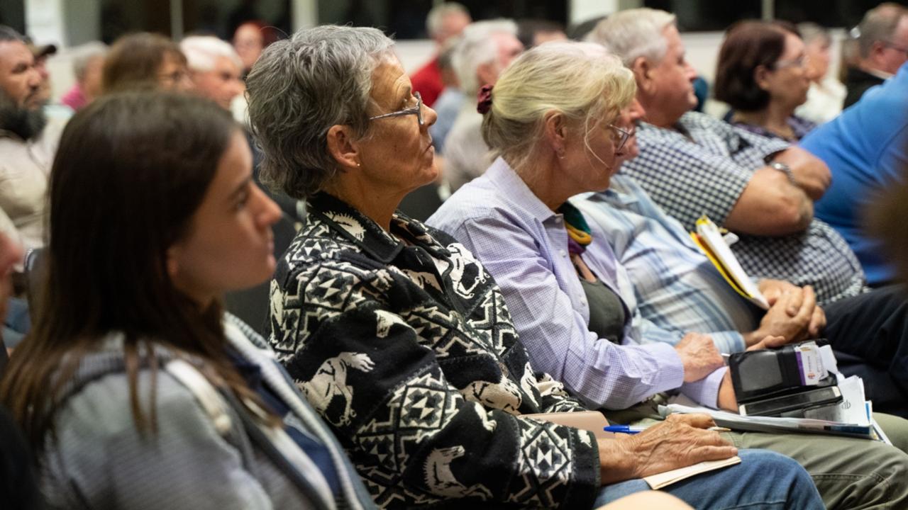 More 100 people turned up to Kilkivan Town Hall in response to Powerlink's selected corridor of a transmission line from Borumba Dam to Woolooga Substation in late April. Wednesday, May 3, 2023. Picture: Christine Schindler