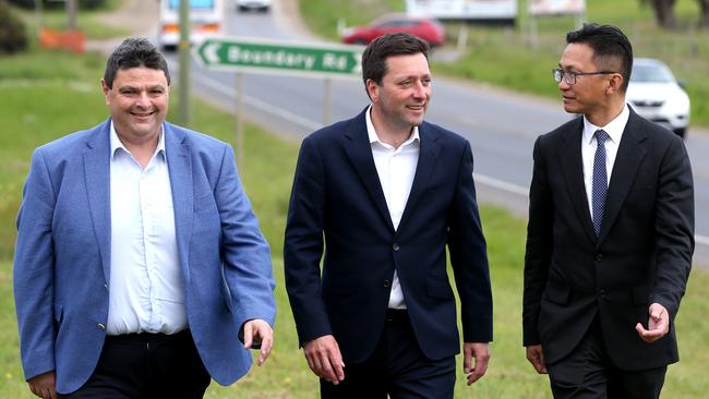 Addy readers have thrown their support behind the Liberal Party, including South Barwon candidate Andrew Katos (left) leader Matt Guy (centre) and Bellarine candidate Donnie Grigau (right). Picture: Mike Dugdale