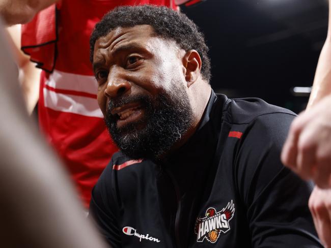 PERTH, AUSTRALIA - SEPTEMBER 21: Justin Tatum Head Coach of the Hawks talks to the players at 3rd quarter time break during the round one NBL match between Cairns Taipans and Illawarra Hawks at HBF Stadium, on September 21, 2024, in Perth, Australia. (Photo by James Worsfold/Getty Images)