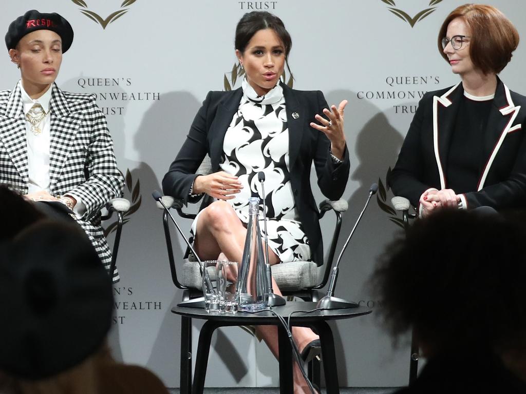 British model Adwoa Aboah, Meghan, Duchess of Sussex and former Australian Prime Minister Julia Gillard take part in a panel discussion on March 8, 2019. Picture: AFP