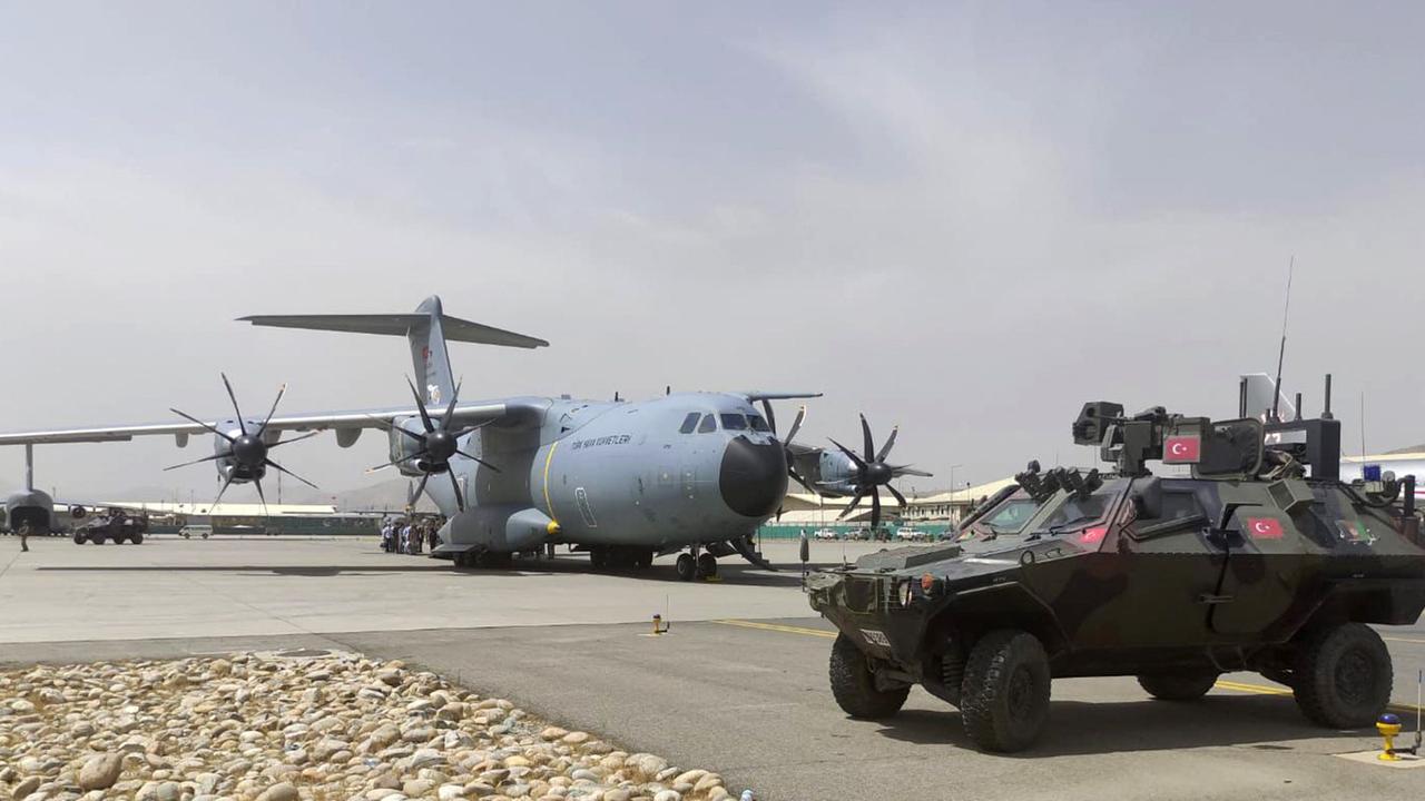 An A400 M type transport aircraft of the Turkish Air Forces during evacuation of Turkish citizen in Kabul international Hamid Karzai airport.