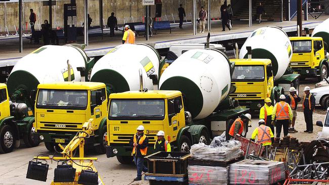 The work continues with massed cement trucks at Chatswood station 23/5/06 Picture: Paul Melville