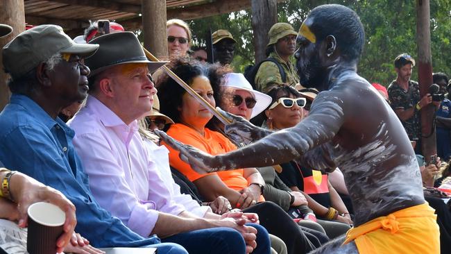 Yolngu yellow flag dancers perform in front of Prime Minister Anthony Albanese on the Bunggul at Garma last weekend. Picture: Zizi Averill