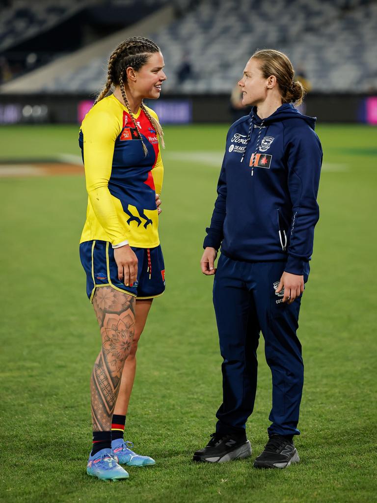 Injury has sidelined Geelong forward Chloe Scheer (right) for the entire 2024 season. Picture: Dylan Burns/AFL Photos via Getty Images