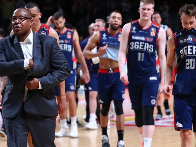 Adelaide 36ers head coach Joey Wright leaves the floor with his team after the 36ers’ one-point loss against the Illawarra Hawks at Titanium Security Arena on December 9, 2018. Photo: Kelly Defina/Getty Images.