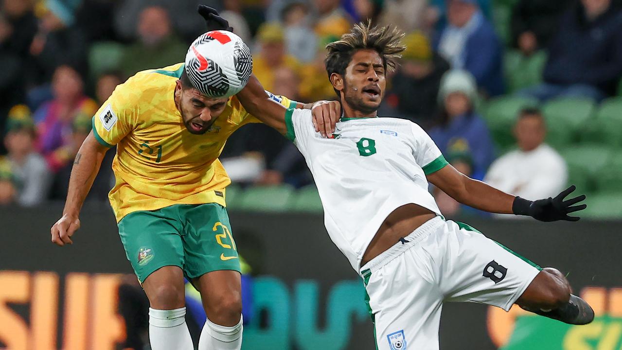 Massimo Luongo of the Socceroos and Mohammad Rabiul of Bangladesh during November’s World Cup qualifier. Pic: Michael Klein