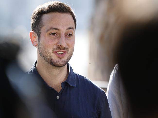 Greens’ Stephen Bates talks to media at Kangaroo Point after knocking out Labor for the seat of Brisbane in the federal election. Picture Lachie Millard