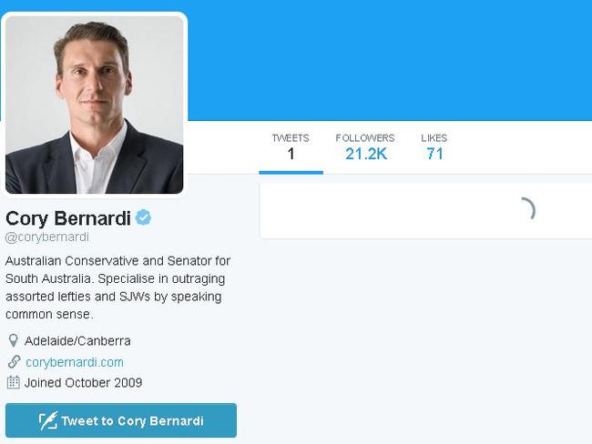 Cory Bernardi’s Twitter account appears empty, with a new title he has given himself. Picture: Twitter