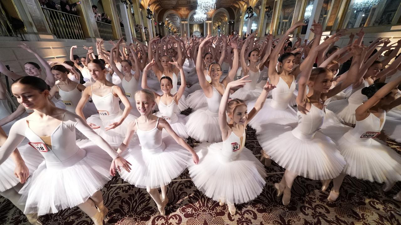 Students from the Youth America Grand Prix break the Guinness World Record for Most Ballerinas En Pointe Simultaneously at The Plaza Hotel in New York City. Picture: John Nacion/Getty Images