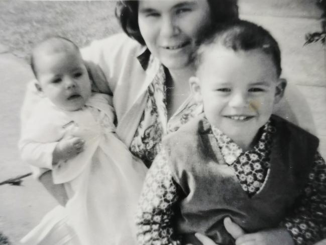 Glyn Scott in 1966 with baby daughter Christine and son Stephen. She was still married at the time to abusive husband George Pycroft. Picture: Supplied