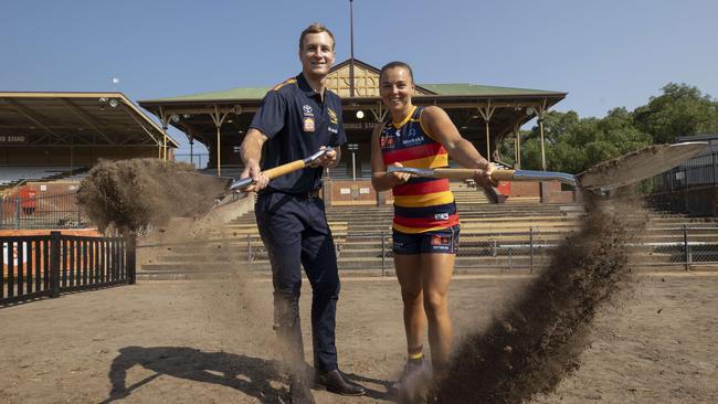 Crows players Jordan Dawson and Ebony Marinoff marking the official commencement of construction on the ClubÃ¢â¬â¢s new $100m headquarters. 6th February 2025 Picture: Brett Hartwig