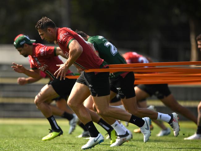 Sam Burgess of the South Sydney Rabbitohs is seen during a team training session in Sydney on Tuesday. Picture: AAP/Joel Carrett