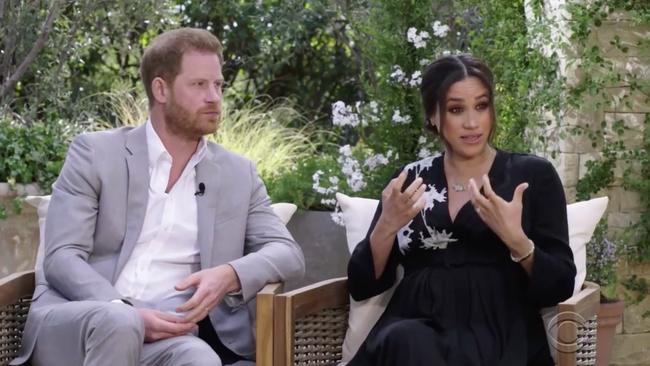 Prince Harry and Meghan allege in an interview with Oprah Winfrey that a senior roya was ‘concerned’ over the darkness of their son’s skin colour. Picture: CBS