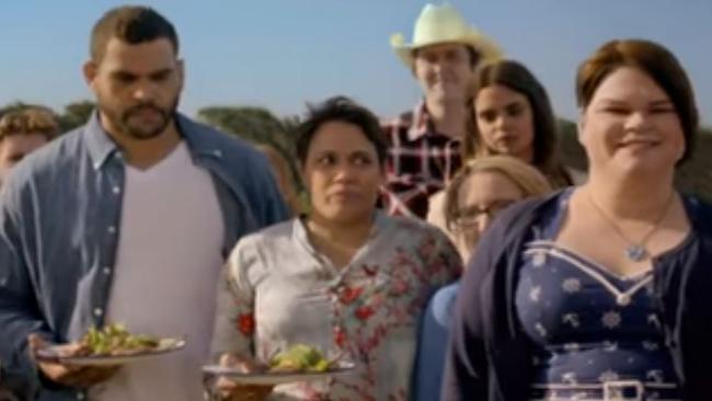 Greg Inglis, Cathy Freeman and Jordan Raskopoulos in the closing scene of the new ad. Picture: Still