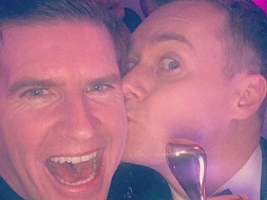 Sam Mac gets a kiss from Gold Logie winner Grant Denyer. Picture: Instagram/@sammacinsta