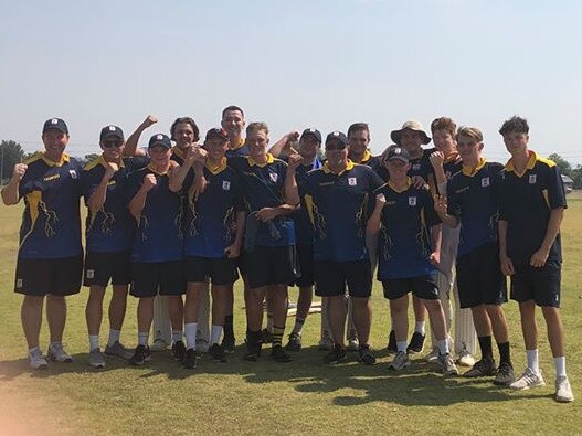 The Gold Coast under-18 cricket team celebrates its third-straight McPherson Shield title on December 8, 2019.