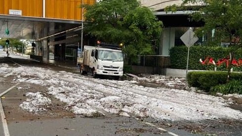 Hail piled up at Grand Central Shopping Centre, causing leaks in the building’s roof. .