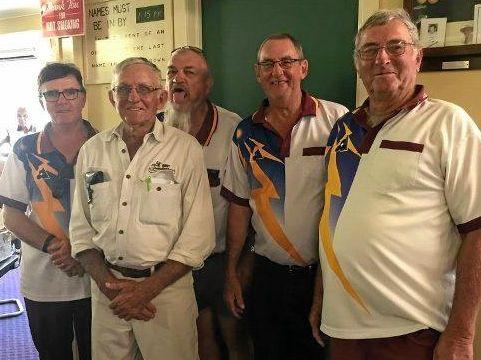 TOP DAY: Rainer Marschall, Lindsay Payne, Alf Edwards, Brian Dobie and Alex Barsby enjoy Eidsvold Bowls Club's famous Road Kill Day.