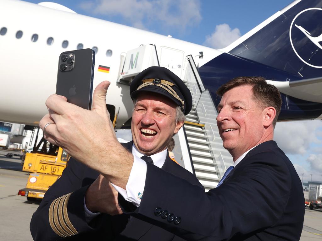 Timothy Liston, US Consul General in Munich with Lufthansa Capatin Thomas Jahn prior to a flight bound non-stop for Miami at Munich Airport. Picture: Getty Images