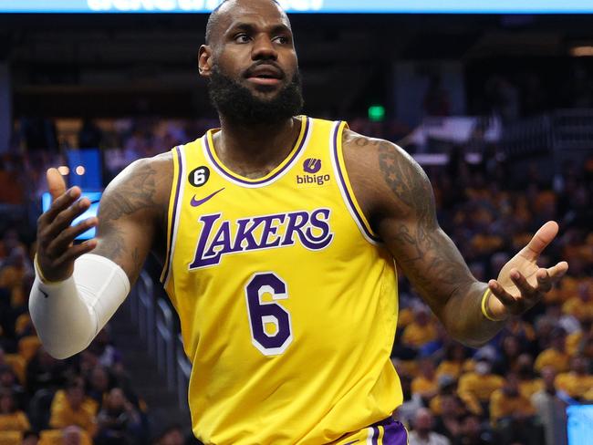 SAN FRANCISCO, CALIFORNIA - MAY 02: LeBron James #6 of the Los Angeles Lakers reacts during the second quarter in game one of the Western Conference Semifinal Playoffs against the Golden State Warriors at Chase Center on May 02, 2023 in San Francisco, California. NOTE TO USER: User expressly acknowledges and agrees that, by downloading and or using this photograph, User is consenting to the terms and conditions of the Getty Images License Agreement. (Photo by Ezra Shaw/Getty Images)