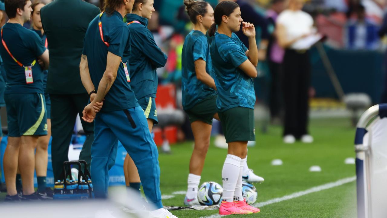 Sam Kerr on the bench before the FIFA Womens World Cup Quarter final match between Australia and France at Brisbane Stadium. Picture Lachie Millard