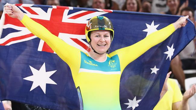 BRISBANE, AUSTRALIA - APRIL 06:  Stephanie Morton of Australia celebrates winning gold in the Women's Sprint Gold final during the Cycling on day two of the Gold Coast 2018 Commonwealth Games at Anna Meares Velodrome on April 6, 2018 in Brisbane, Australia.  (Photo by Scott Barbour/Getty Images)