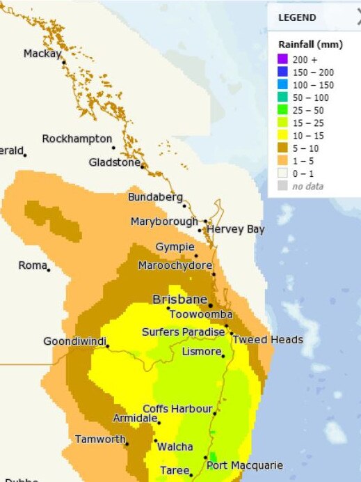 The Bureau of Meteorology forecasts up to 30mm of rain to fall over the weekend, including Saturday. Picture: Bureau of Meteorology