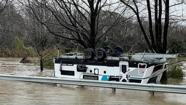 A motorhome from Poplar Caravan Park was washed away in the floods. Picture: Ashleigh Tullis