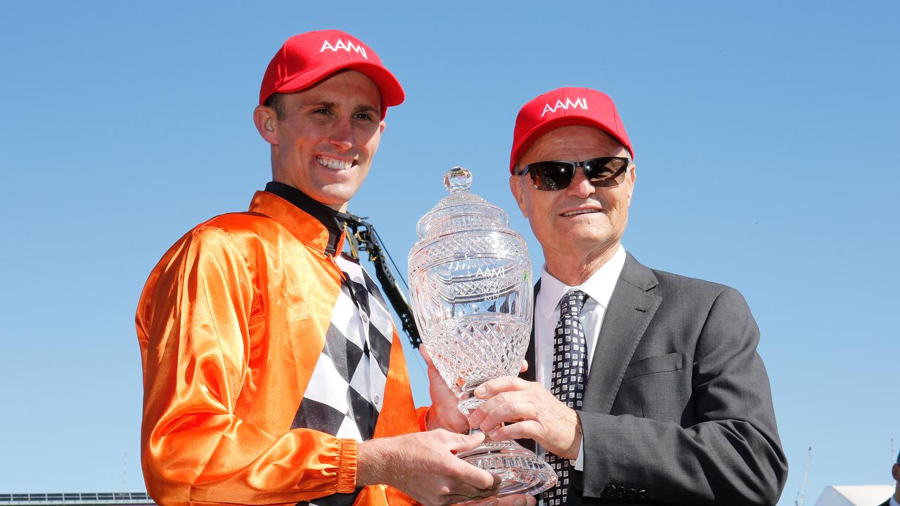 Tye Angland with David Payne after Ace High’s Victoria Derby success in 2017 Picture: Paul Rovere/Getty Images