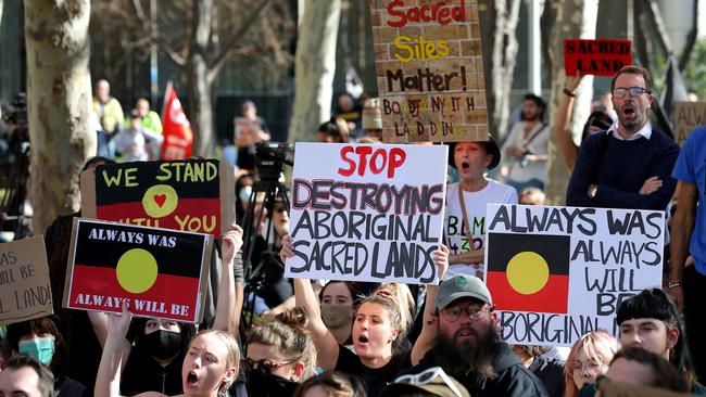 Protesters outside the Rio Tinto office in Perth last year demonstrate against the company’s destruction of Indigenous sites at the Juukan Gorge. Picture: AAP