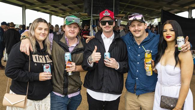 At the Clifton Jockey Club Clifton Cup races are (from left) Tayla Otto, Kurtis Swan, Marvin Meek, Kobe McDermott and Whyley McDermott, Saturday, October 22, 2022. Picture: Kevin Farmer