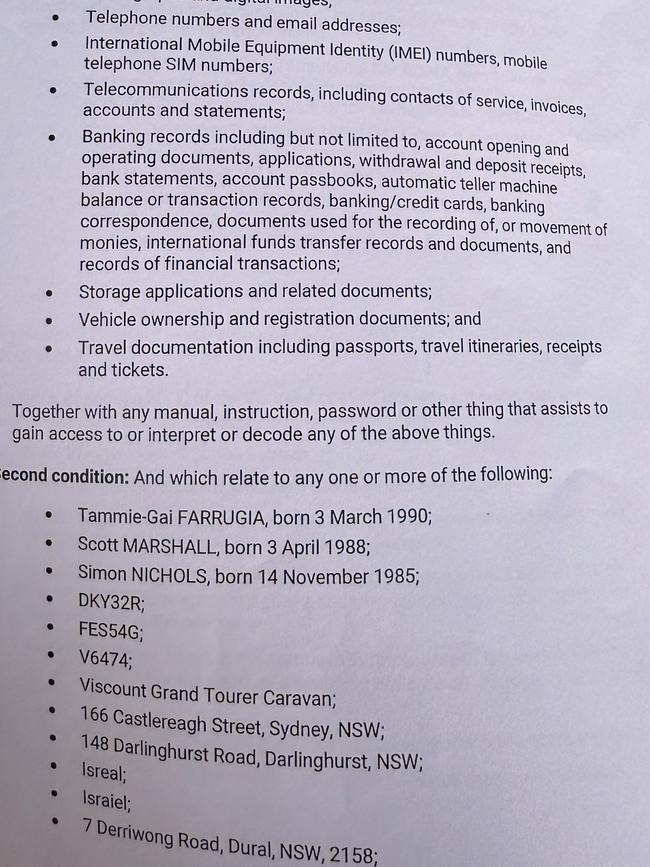 A copy of an AFP search warrant into the caravan “terror plot”. Picture: Supplied