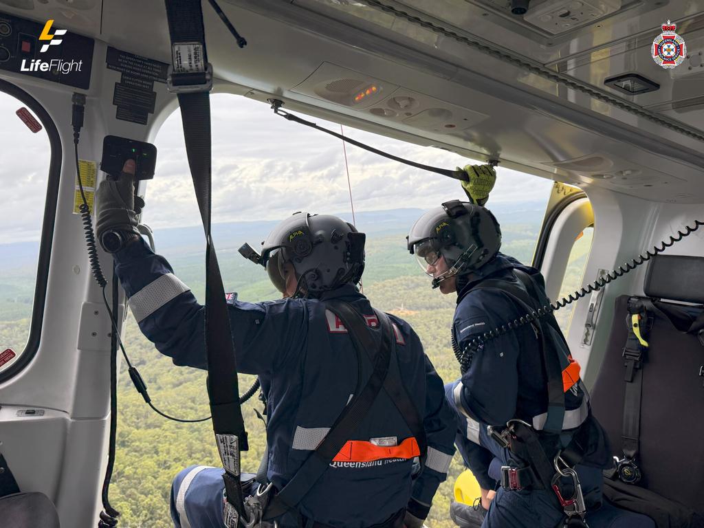 A hiker was winched to safety from Mt Beerwah in the Glasshouse Mountains after reportedly suffering a broken ankle. Photo: LifeFlight